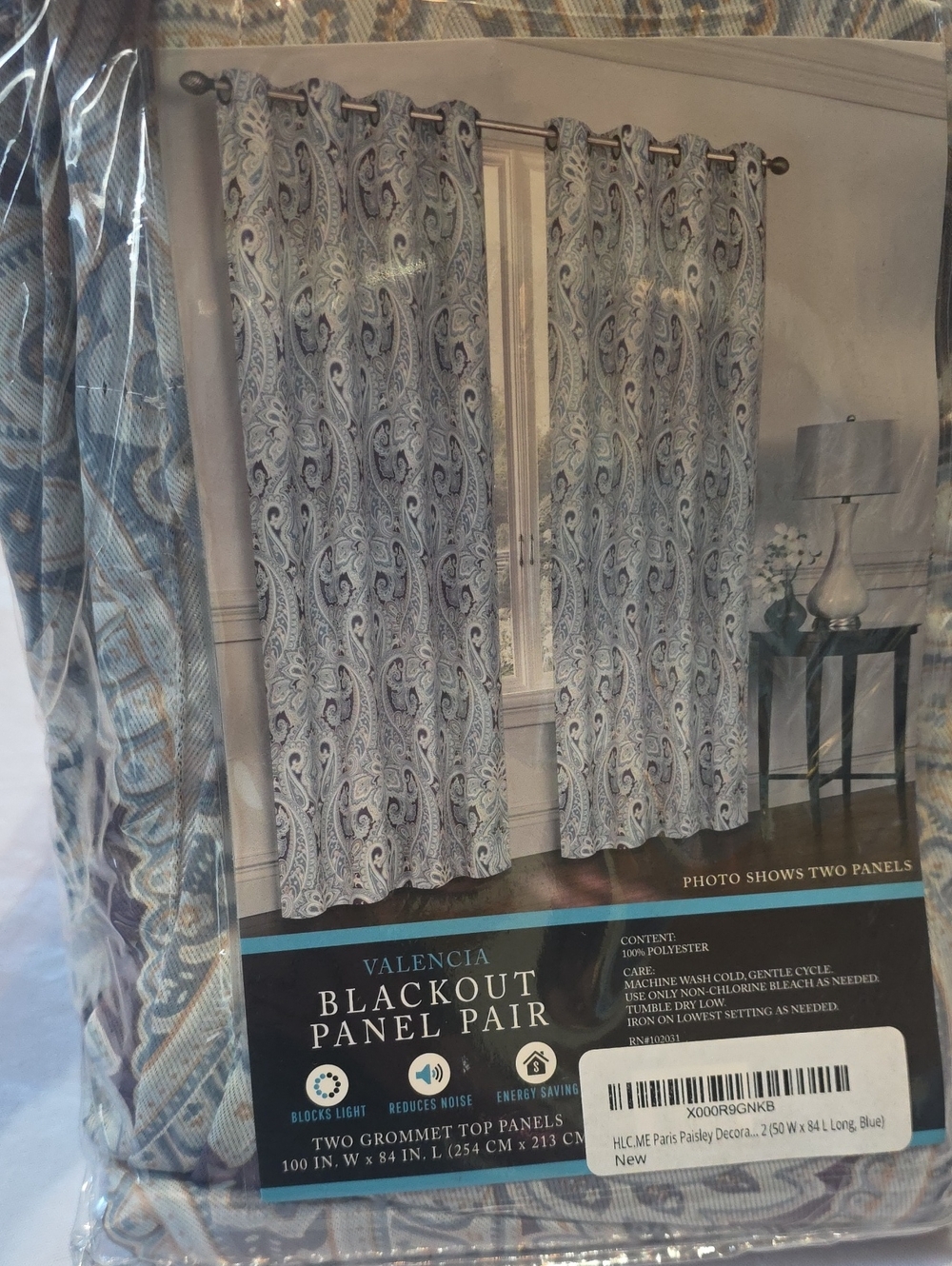 Valencia NEW Pair Blackout Curtain Panels Grommets Paisley Blue Beige 100x84